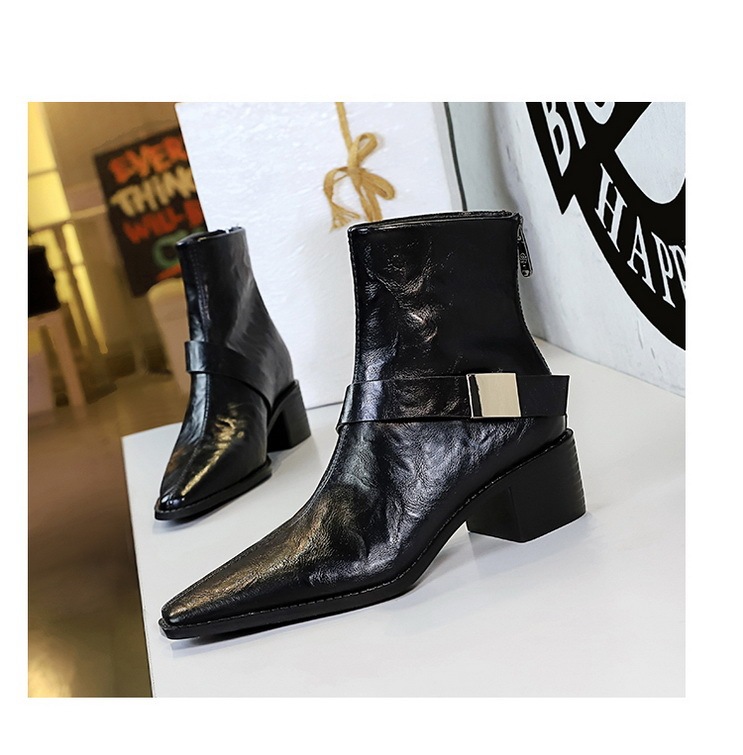 Boot nữ cổ thấp gót vừa mũi nhọn khóa kim loại phong cách Âu Mỹ — Lớp lót nhung đen, Lớp lót nhung màu nâu sẫm, Màu đen, Màu nâu đậm