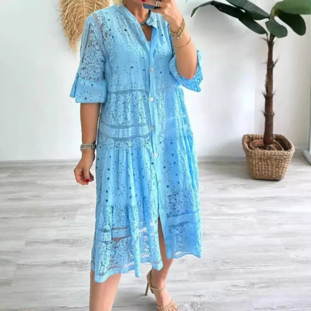 Summer Womens Dress Solid Color V Neck Button Detail Lace Insert Casual or Party Wear Wholesale Available