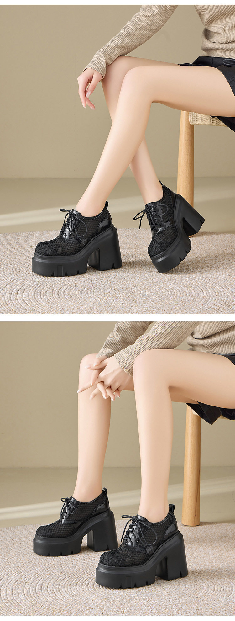 Giày cao gót nữ đế xuồng platform dây buộc hở mũi, gót 12 cm, phong cách thể thao — [Đen], [Trắng] chi tiết 7