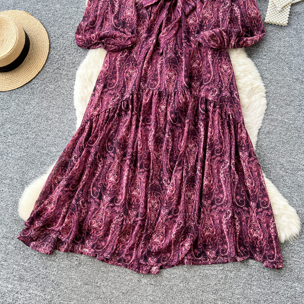 French Style Floral Maxi Dress Loose Fit Long Sleeve Waist Tie A Line Silhouette Spring and Autumn Wear Wholesale