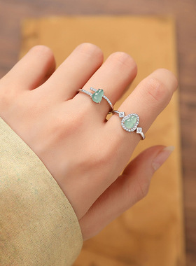 翡翠葫芦戒指女S925纯银新中式国风闪锆福禄开口戒精致优雅气质