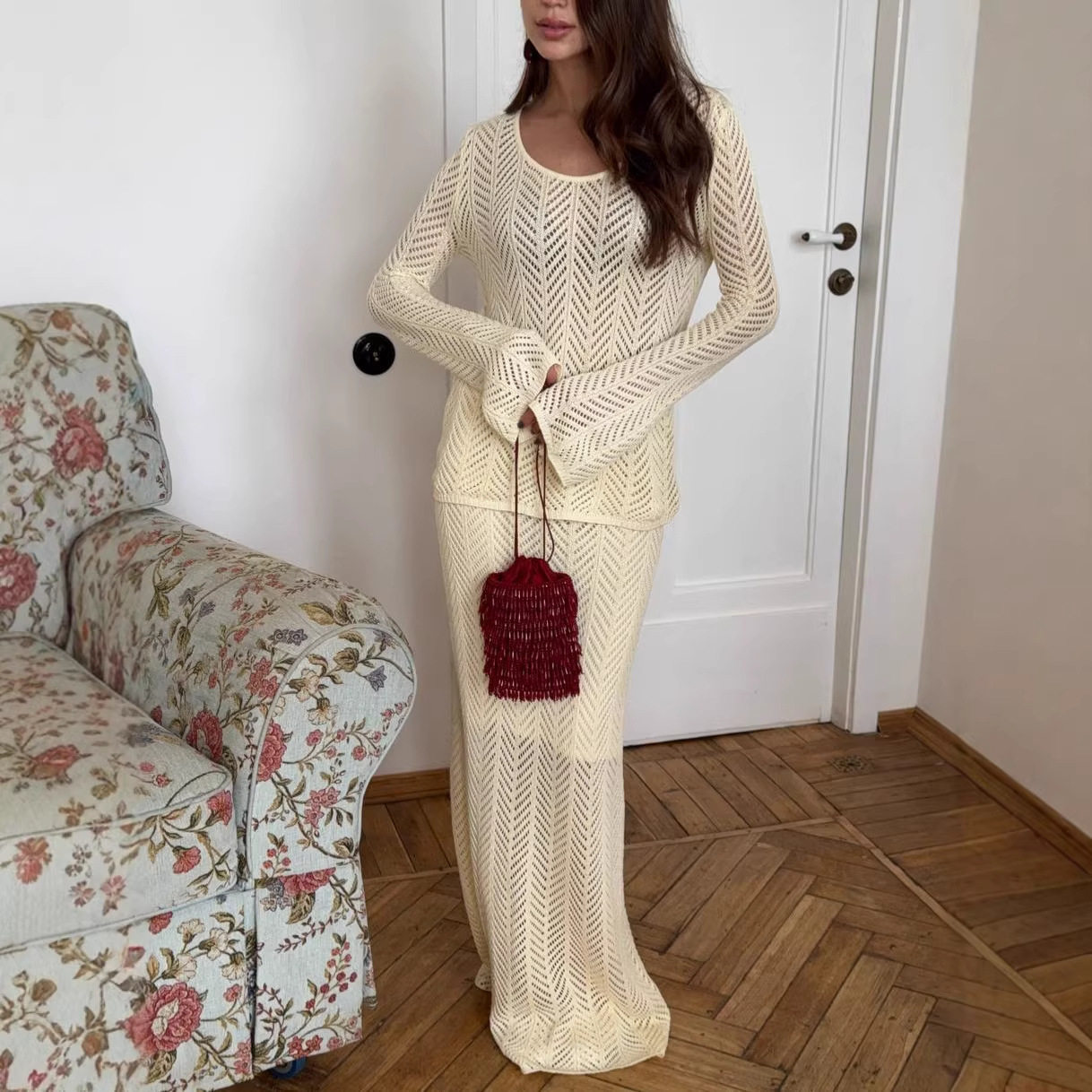 Two Piece Set Hollow Knit Skirt and Long Sleeve Top French Vacation Style Cotton Casual Ready to Ship