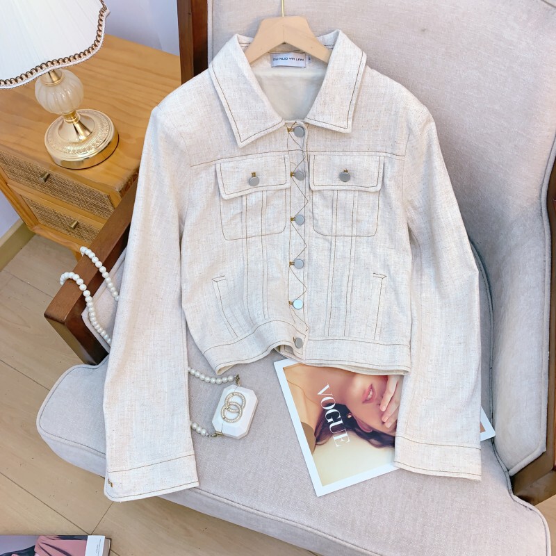 Áo khoác denim nữ dáng ngắn chất liệu vải lanh phong cách thanh lịch — Màu be nhạt