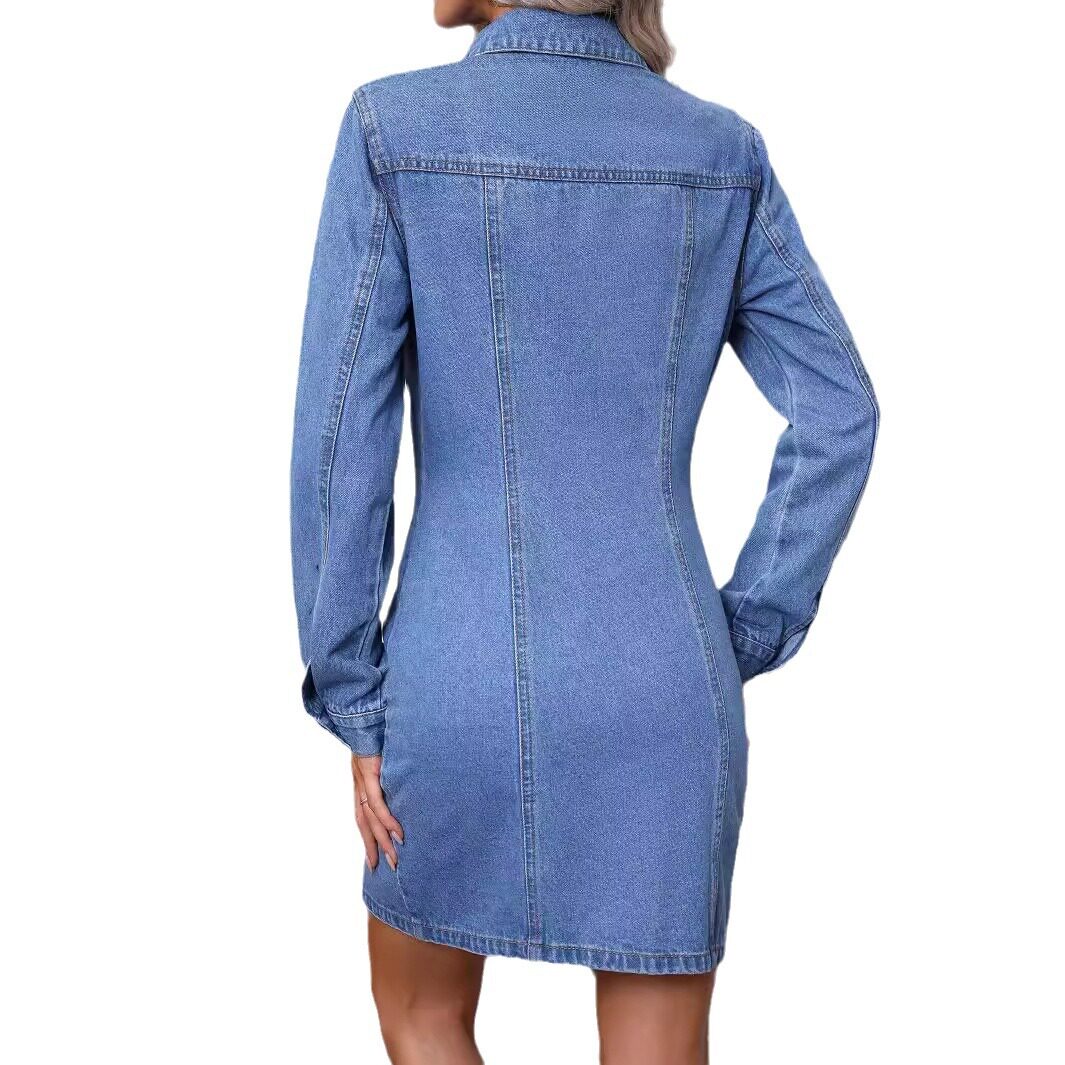 Vintage Denim Long Sleeve Dress for Women Slim Fit Waist Defined Casual Style Perfect for Spring and Autumn