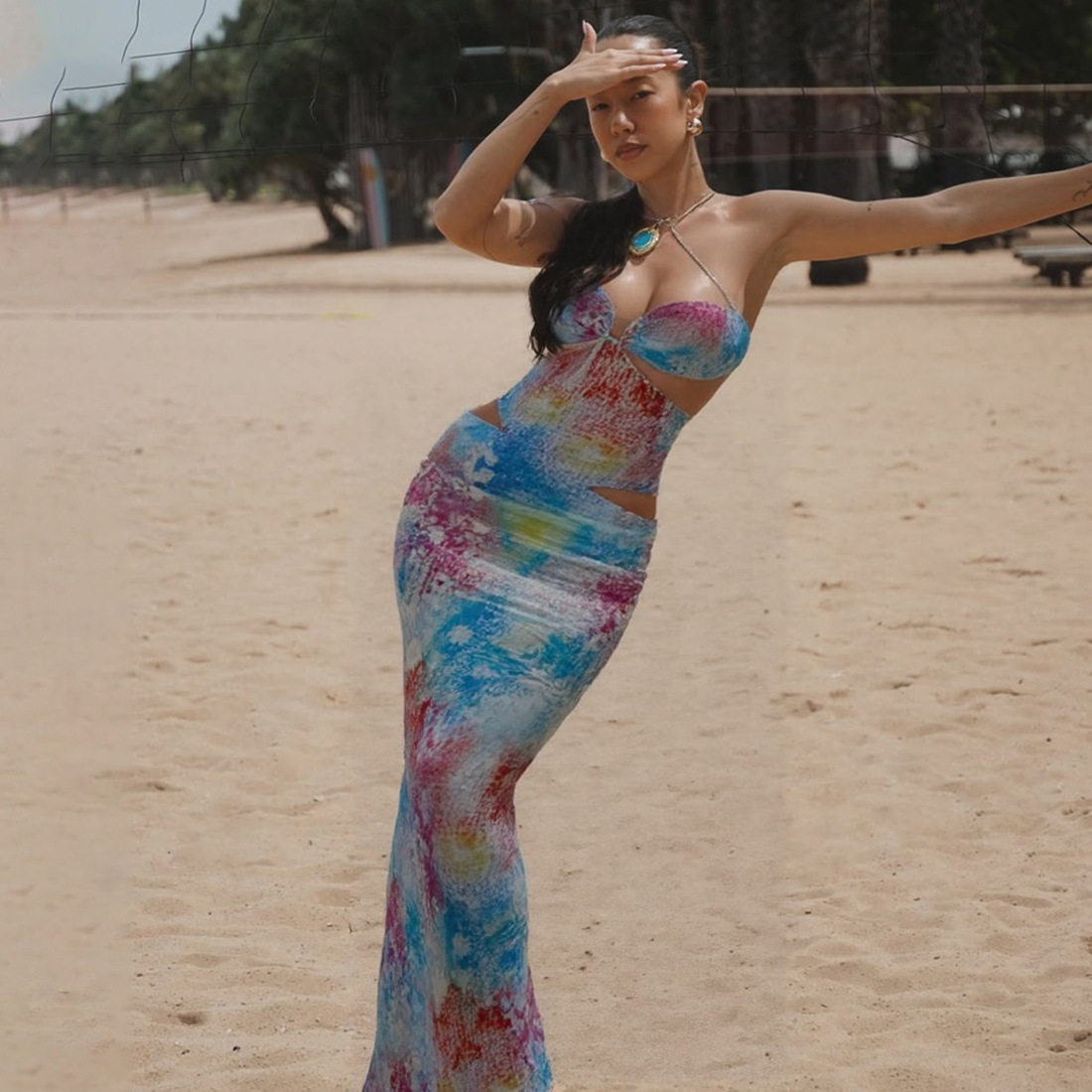 Sleeveless Color Block Printed Bodycon Maxi Dress Hollow Out Design Sexy Fit Spring Summer Fashion Wholesale Available