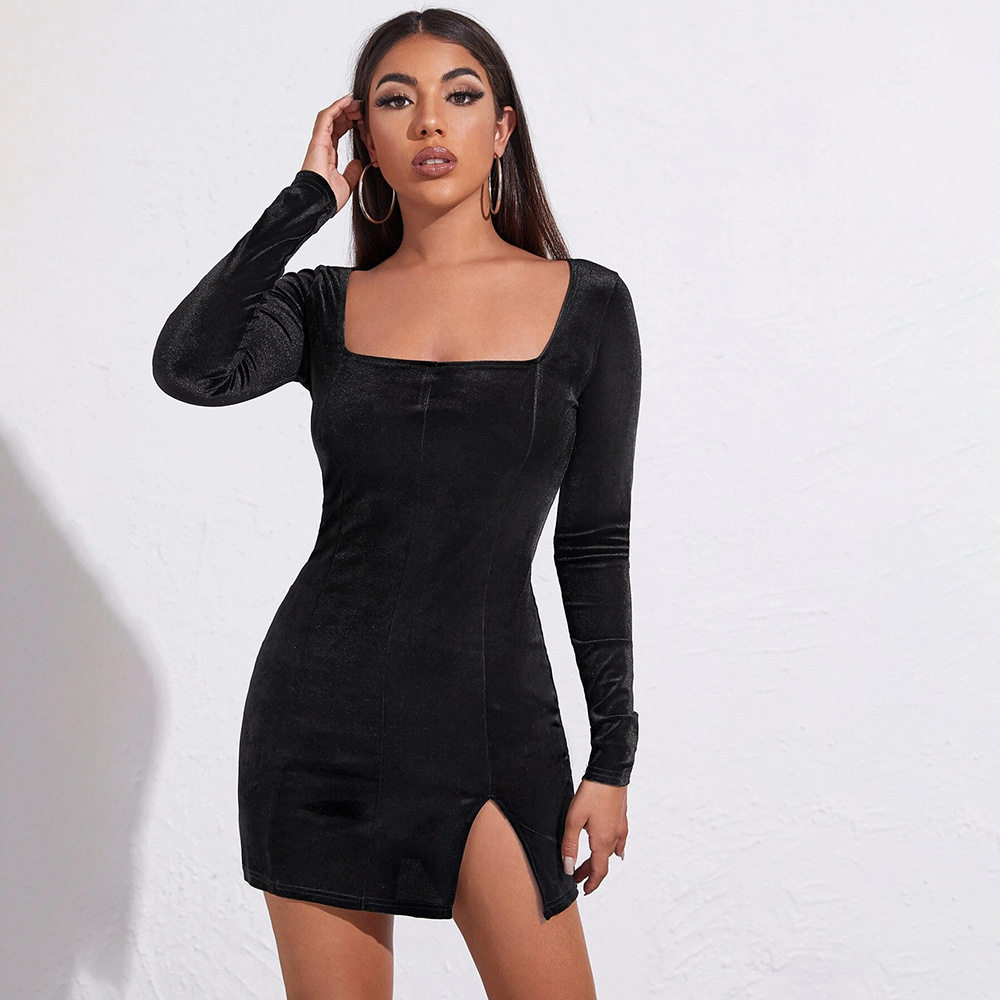 Velvet Bodycon Dress Sexy Split Hem Square Neck Long Sleeve Elegant French Style for Parties Wholesale Available