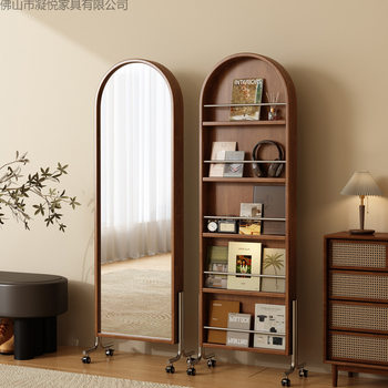 Rotatable Full-Length Mirror Magazine Bookshelf Retro-Style Floor-Standing Mobile Home Dressing Mirror Integrated Storage Solid Wood