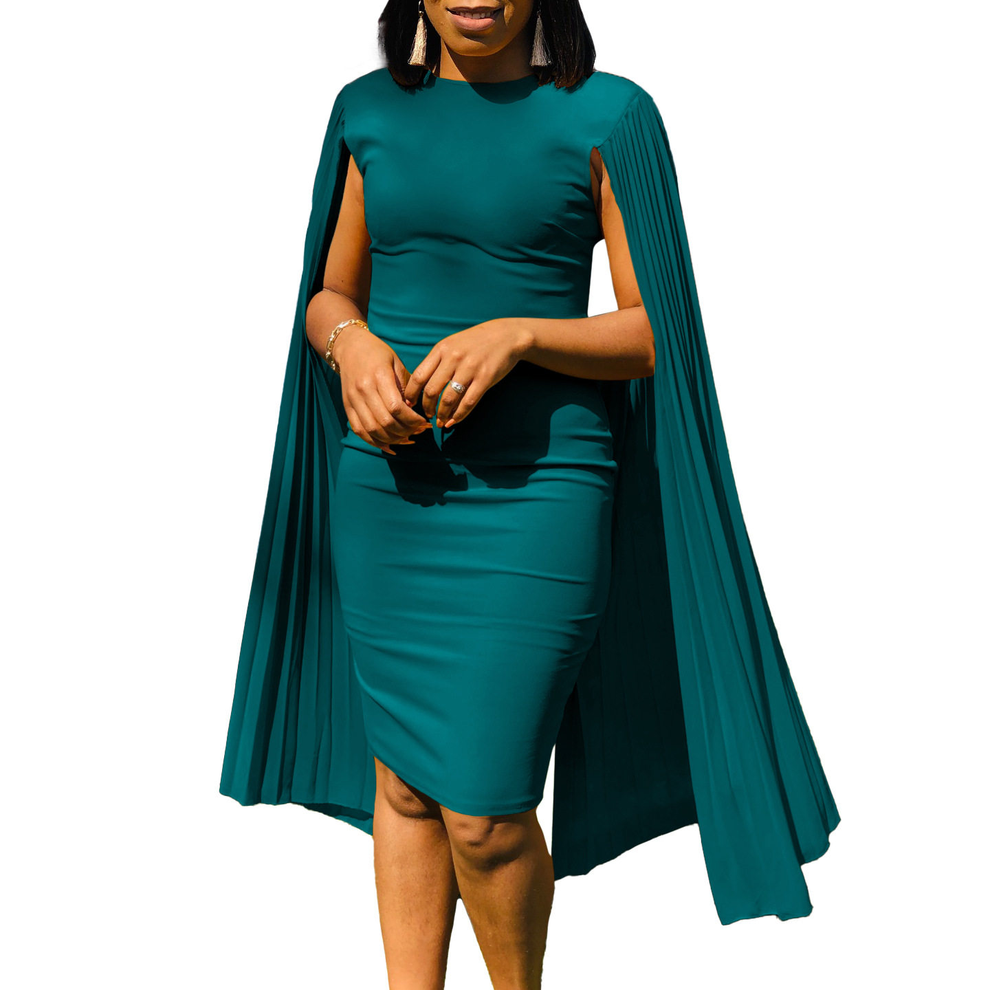 Elegant Womens Evening Dress Solid Color Round Neck Pleated Cape Perfect for Parties and Formal Events Wholesale