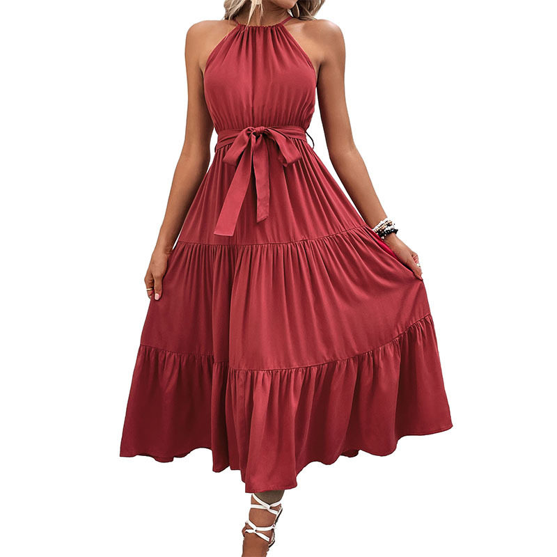 Elegant Solid Color Midi Dress Summer Style Halter Neck Comfortable Fabric Perfect for Casual Outings Wholesale