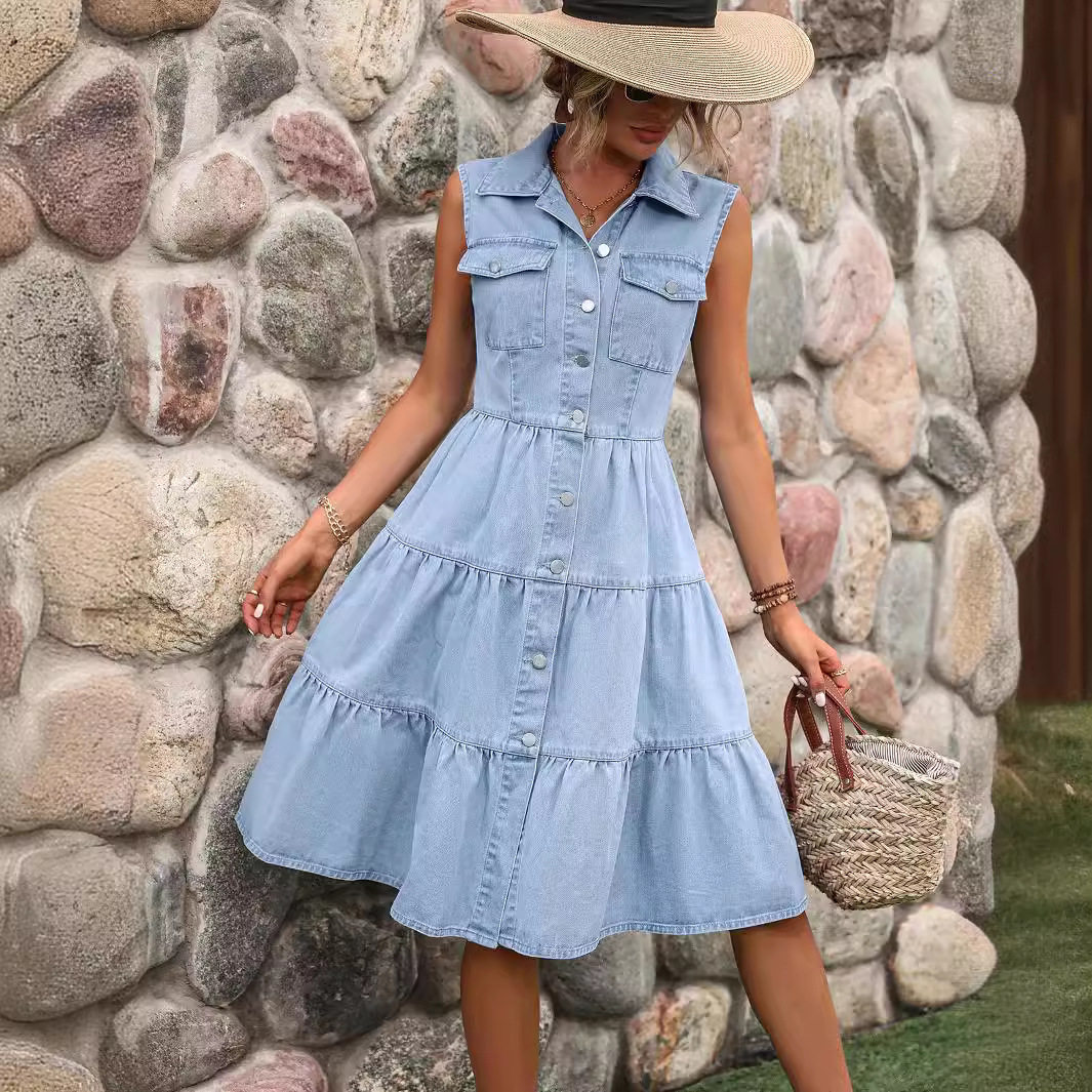 Vintage Slim Fit Denim Dress Waist Defining Elegant Design Short Sleeve Perfect for Casual Outings Wholesale