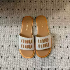 M Collection Linen Woven Slide Sandals 2025 Spring/Summer New Arrival Leather Flat Shoes Luxury Minimalist Round Toe Women's Sandals