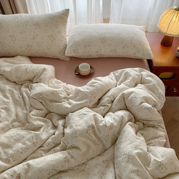 Class A maternal and infant grade cotton double-layer yarn four-piece set skin-friendly pure cotton small fresh printed three-and-four-piece set bed sheet quilt cover