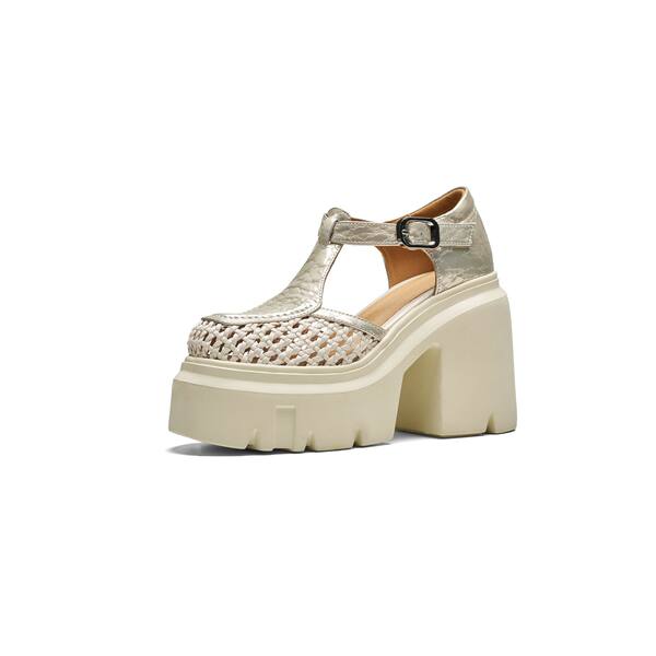Sandal cao gót nữ quai ngang mũi kín đan lát gót vuông 12 cm phong cách Mary Jane — [Trắng kem], [Đen], [Vàng nhạt]