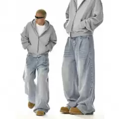 Mrnearly American-Style Cleanfit Pants, Lazy Straight-Leg Washed Jeans, Men's Loose Wide-Leg Long Pants