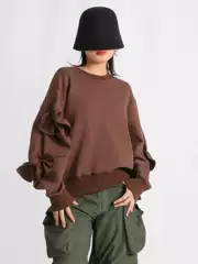 2026 Spring New Fashion Versatile Round Neck Pullover Pleated Bow Tie Design Thin Sweatshirt for Women