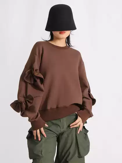 2026 Spring New Fashion Versatile Round Neck Pullover Pleated Bow Tie Design Thin Sweatshirt for Women