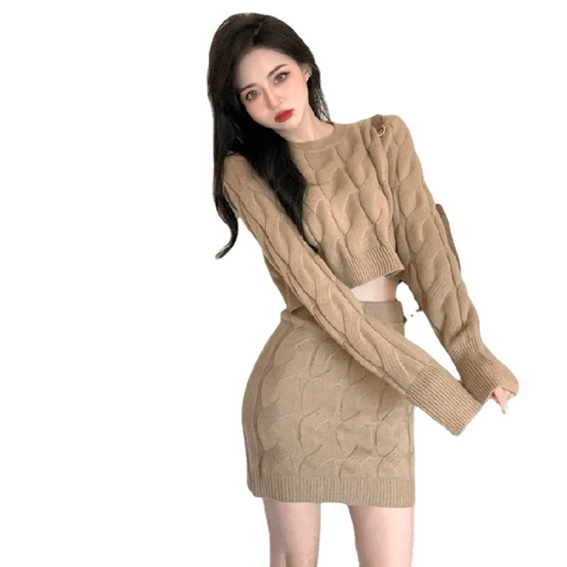 Twist Knitted Sweater Set 2024 Lazy Style Thickened Skirt Women's Slim Long Sleeve High Waist Hip Skirt Two-Piece Set