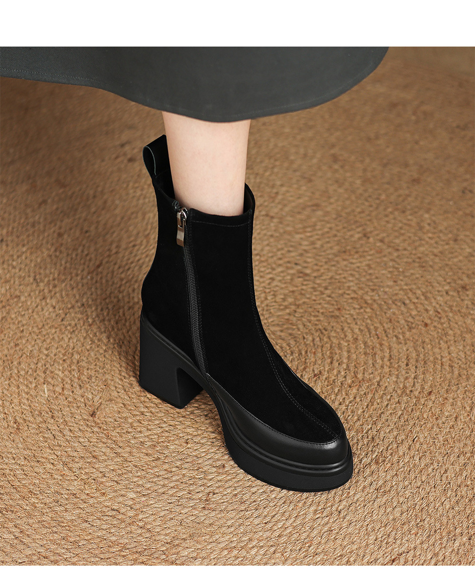 Boot nữ mũi nhọn phối da, cổ ngắn ôm chân, đế dày gót cao — Lớp lót đơn màu đen, Lót nhung đen