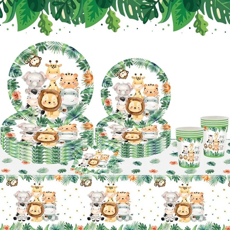 Amazon New Jungle Forest Animal Party Paper Tray Disposable Tableware suit Paper Cup Paper Towel Tablecloth Banner