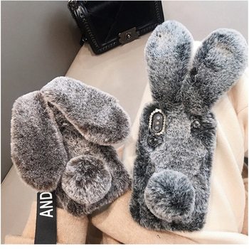 Warm Plush Rabbit Phone Case Suitable for Apple 17, iPhone 14 Pro, Ear-Shaped 16 Pro Max with Lanyard, 15/7P