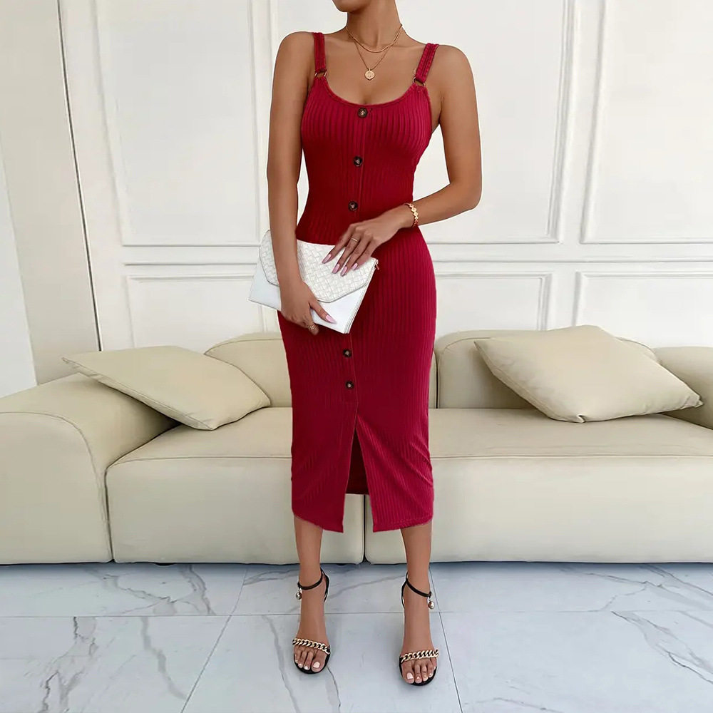 Sleeveless U Neck Midi Dress High Waist Slim Fit Solid Color Casual or Evening Wear Wholesale Available