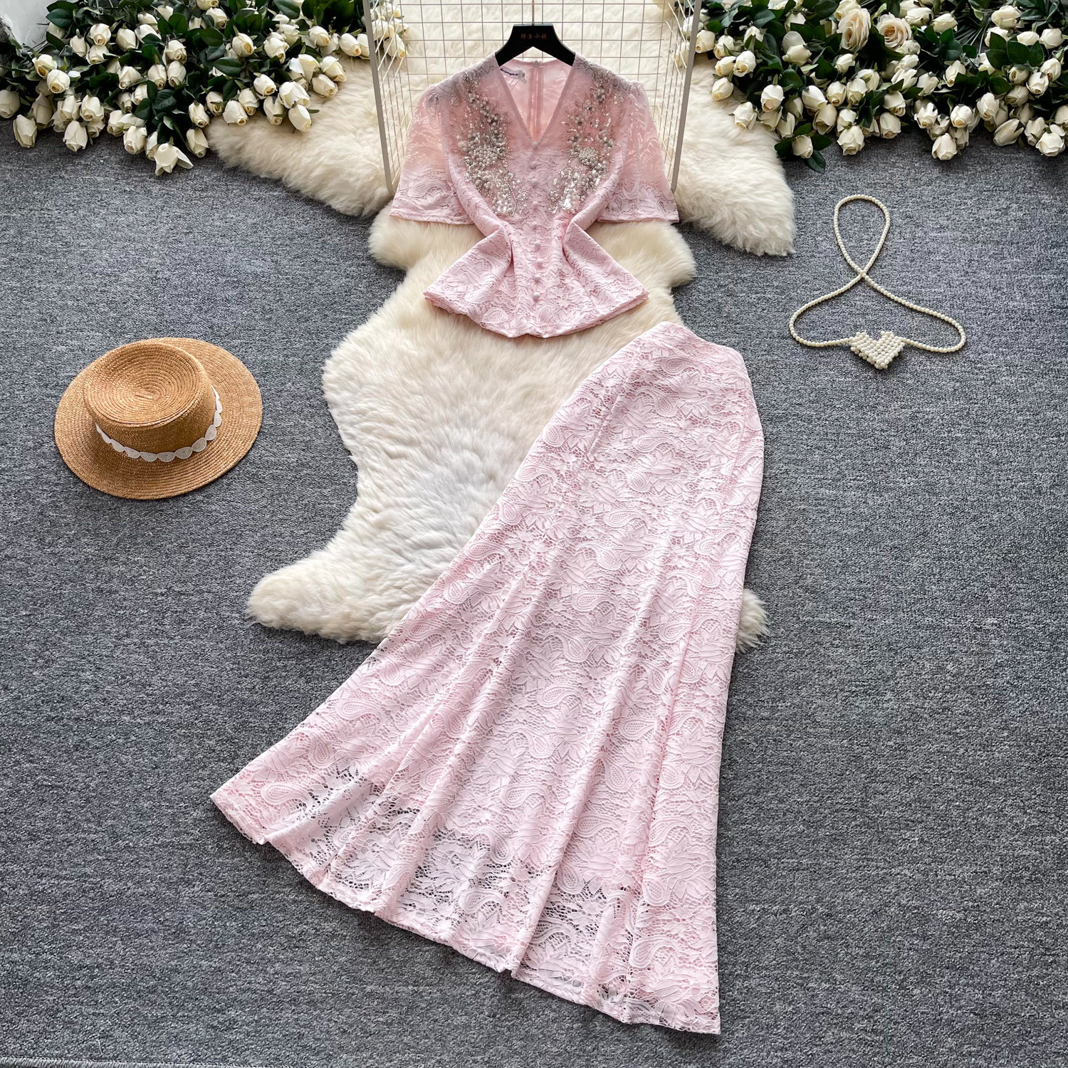 French Style Elegant Two Piece Set Beaded V Neck Lace Detail Slim Fit Summer Fashion for Sophisticated Occasions