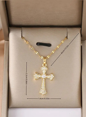 简约优雅18K镀金不掉色吊坠项链方晶锆石信主十字架铜链女高级感