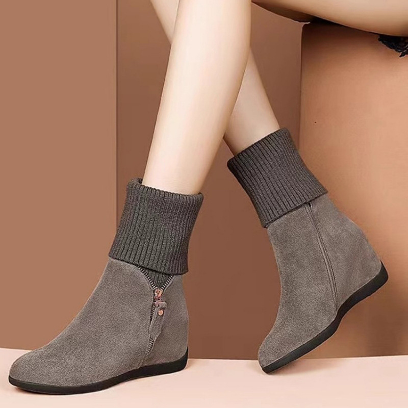 Boot nữ cổ trung gót nêm mũi tròn giữ ấm dáng thanh lịch — màu đen, màu xám