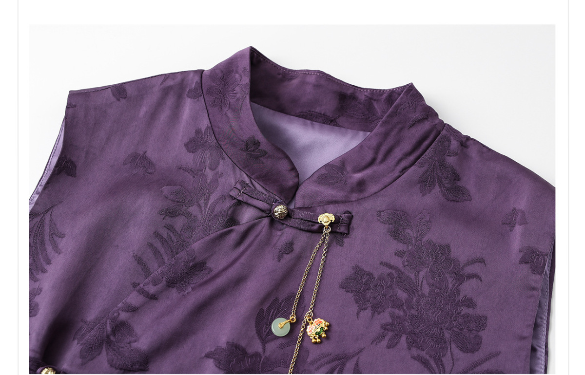 Set áo gilê và chân váy in hoa tím chất liệu sợi viscose — Áo gilê, Váy nửa