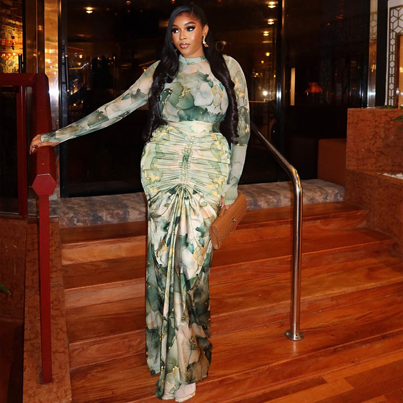 European and American-style Cross-border Printed Waist-wrapped Slim Dress suit Pleated Long Dress High Collar Fashion Two-piece Casual Commuter Women's Clothing