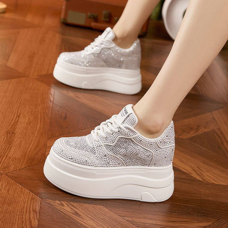 Giày sneaker nữ chunky đế dày platform trắng phối đá rhinestone — Trắng, Bạc