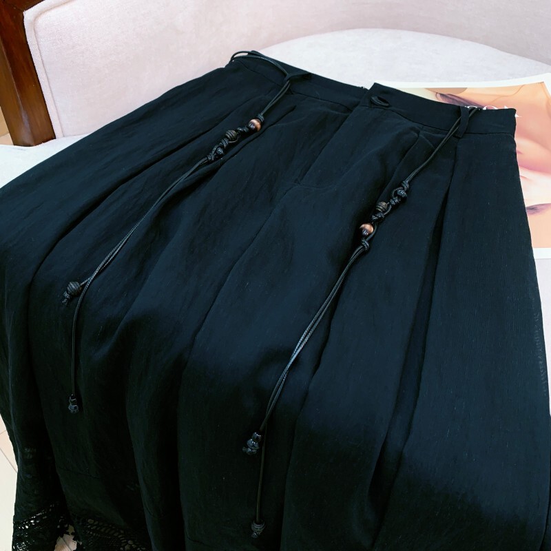 Quần váy nữ lưng cao dáng rộng phối dây buộc, chất liệu tencel thoáng mát — Đen tuyền, Màu trắng ngà