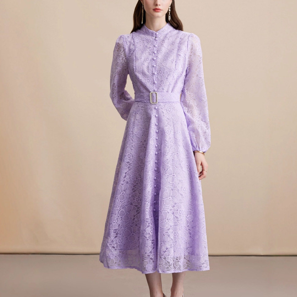 Elegant French Style Lace Embroidered Dress High Quality Fabric Tailored Fit Button Closure Flared Skirt Perfect
