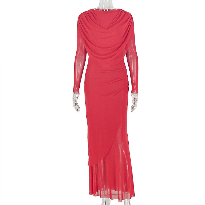 Elegant Womens Bodycon Dress Solid Color Ruffled Design Long Sleeve Round Neck Perfect for Parties and Events