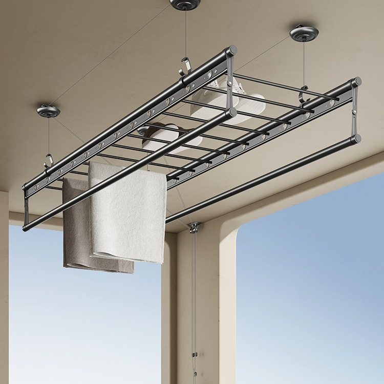 Adjustable Clothes Drying Rack with Manual Crank for Balcony Indoor Use, Automatic Top-Mounted Manual Clothes Drying Rack