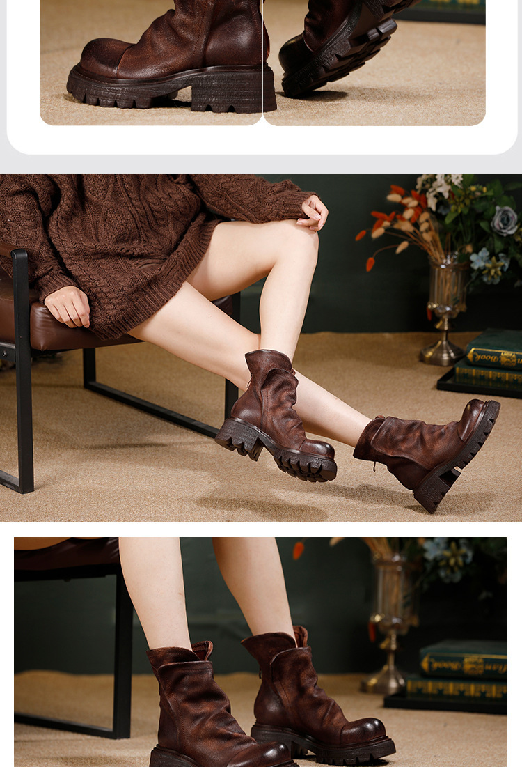 Boot nữ cổ ngắn da bò thật phong cách cổ điển — màu cà phê