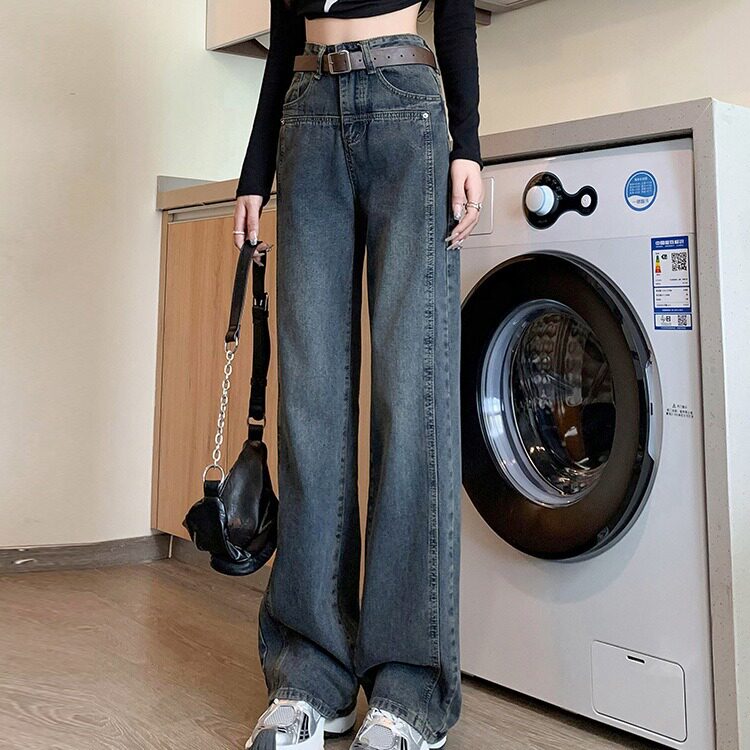 High Waisted Wide Leg Jeans for Women Cement Gray Vintage Style Loose Fit Floor Length Spring and Autumn Fashion