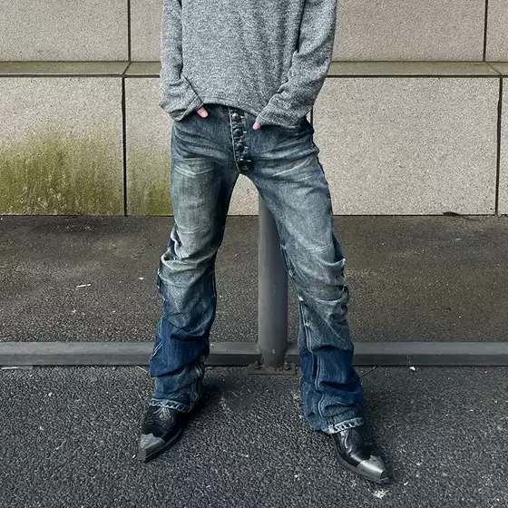 American High Street Retro Vintage Pleated Scimitar Jeans Men's Straight Slim Casual Pile Pants
