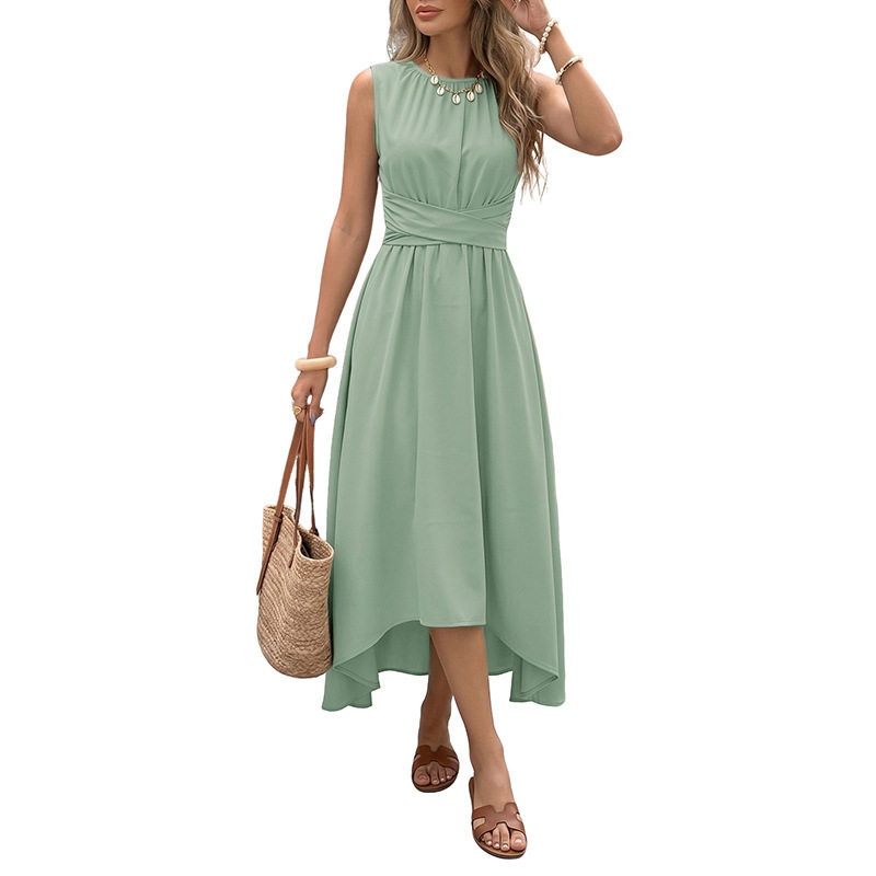 Sleeveless A Line Dress Solid Color Waist Defined Tail Hem Ideal for Vacation or Casual Events Wholesale Available