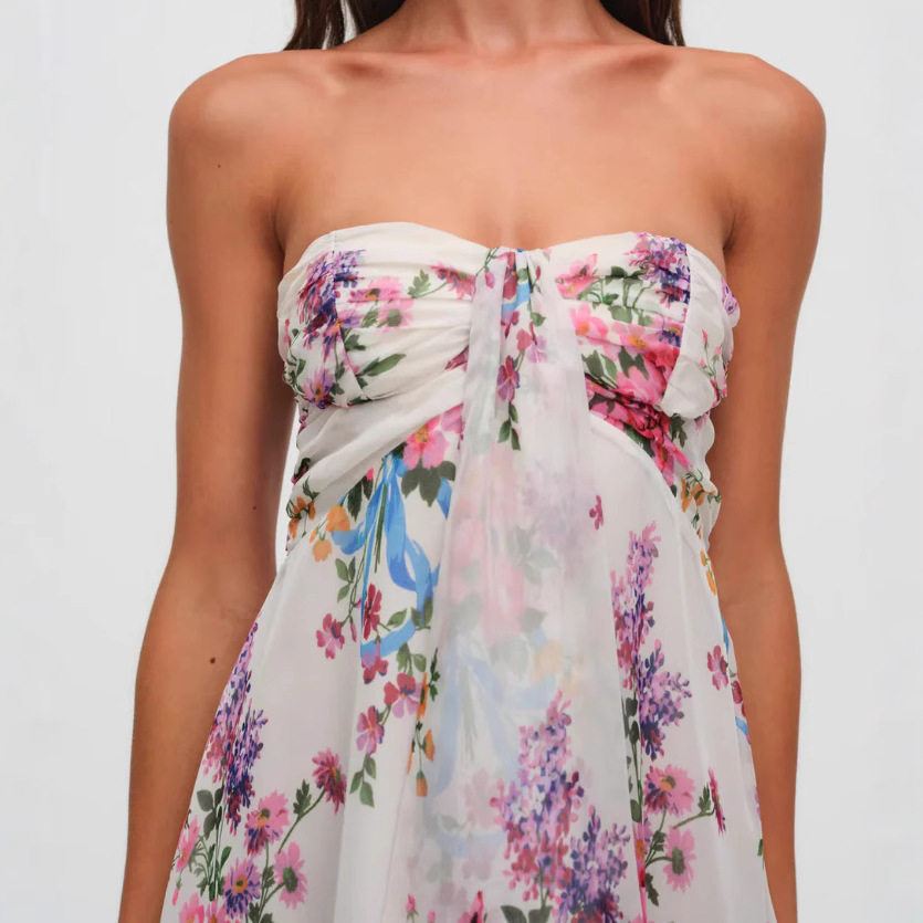 Floral Print A Line Dress Sheer Fabric Strapless Elegant Design Perfect for Summer Events Wholesale Available