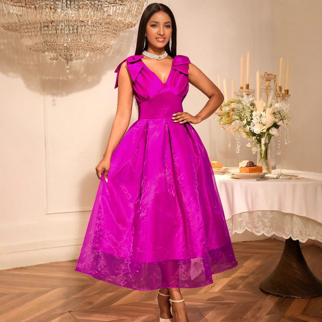 sexy V-neck bow sleeveless dress high waist slim elegant banquet evening dress dresses