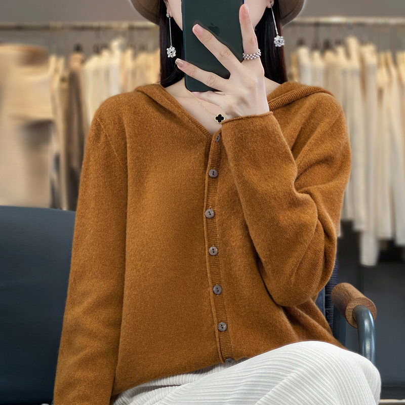 澳洲美丽诺100纯羊毛针织衫女一线成衣无缝连帽开衫羊绒毛衣外套