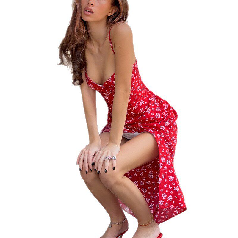 Summer Floral Print Maxi Dress Vintage French Style Strapless Red Color Elegant Design Perfect for Parties and