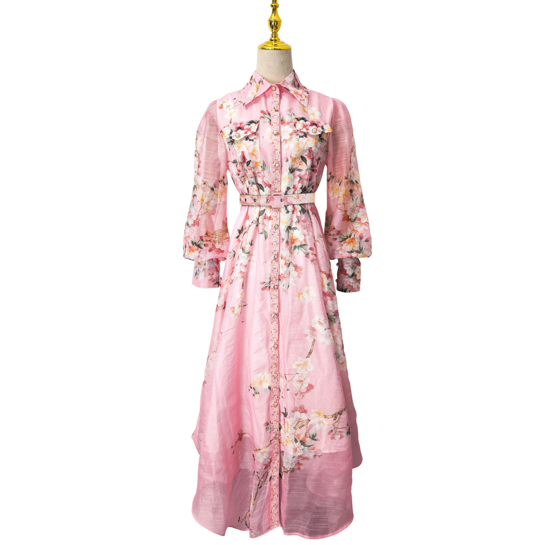 French Floral Print Long Sleeve A Line Dress Slim Fit Hollow Out Tie Waist Elegant Style Perfect for Office Wear