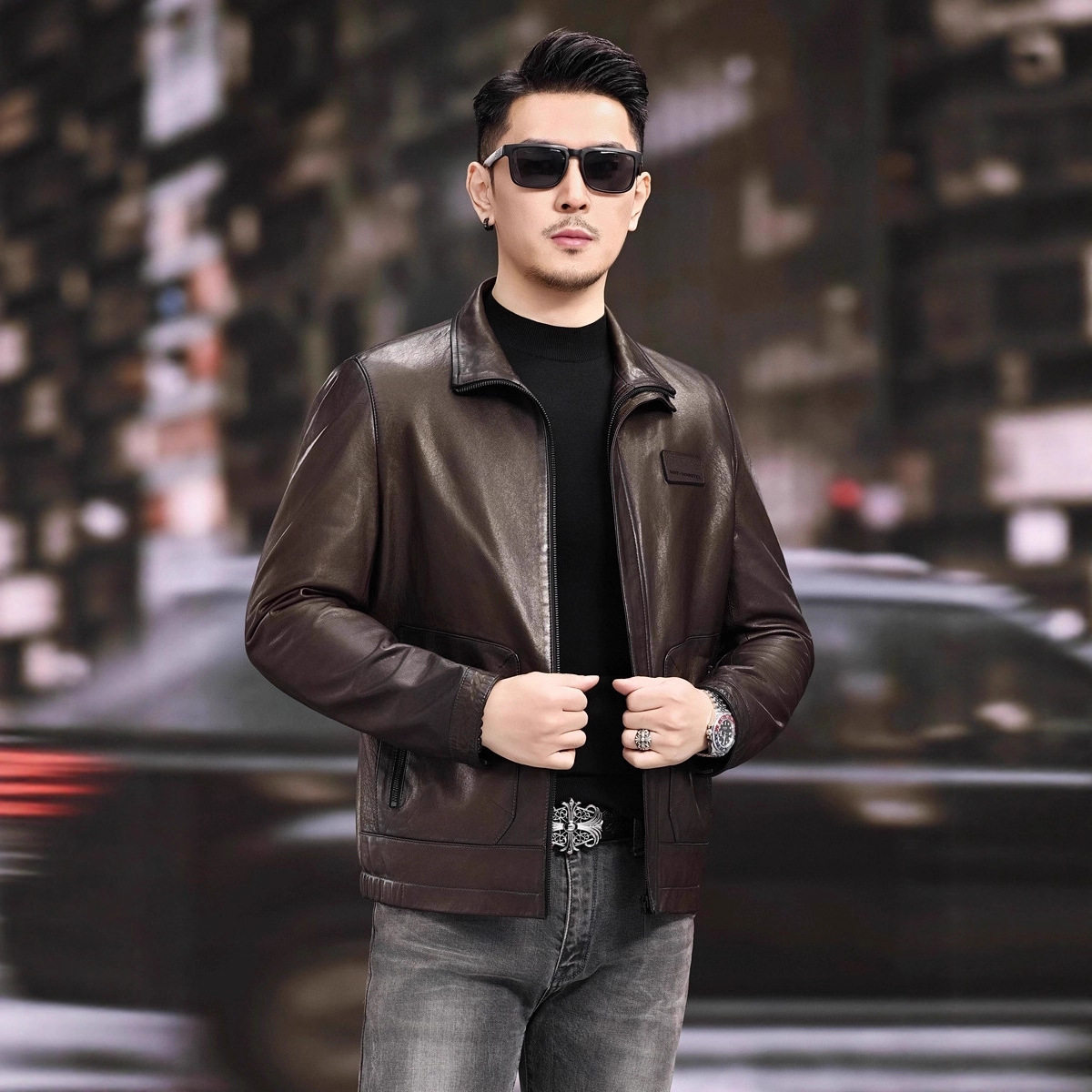 Áo Khoác Da Cừu Sáp Dầu Nam Kiểu Ngắn Cổ Bẻ Thời Trang Trung Niên Màu Nâu