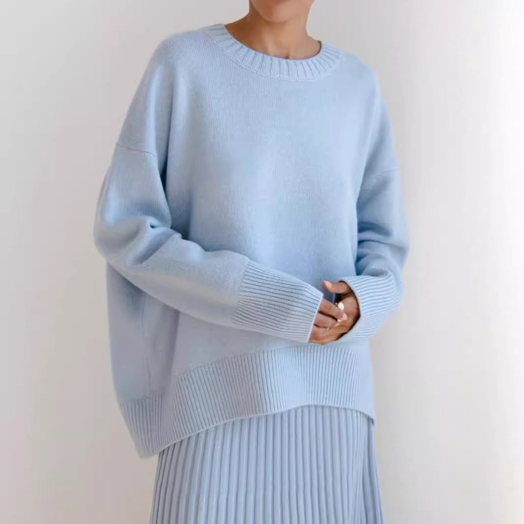 Womens Knit Sweater Round Neck Loose Fit Solid Color Autumn Winter Fashion Wholesale Available