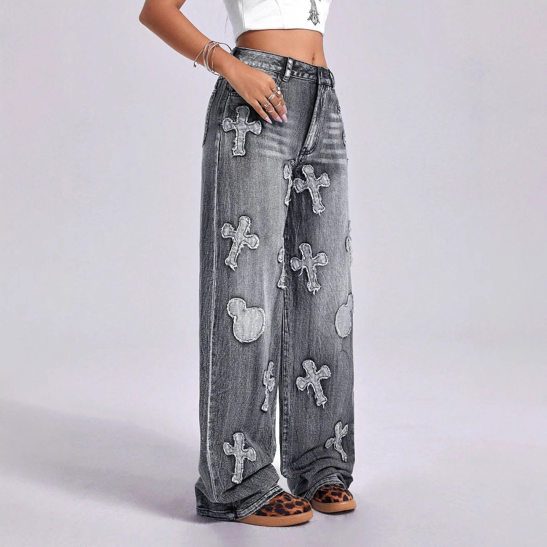 Vintage Embroidered Cross Denim Jeans Womens Straight Leg Retro Style Casual Wear Wholesale Available