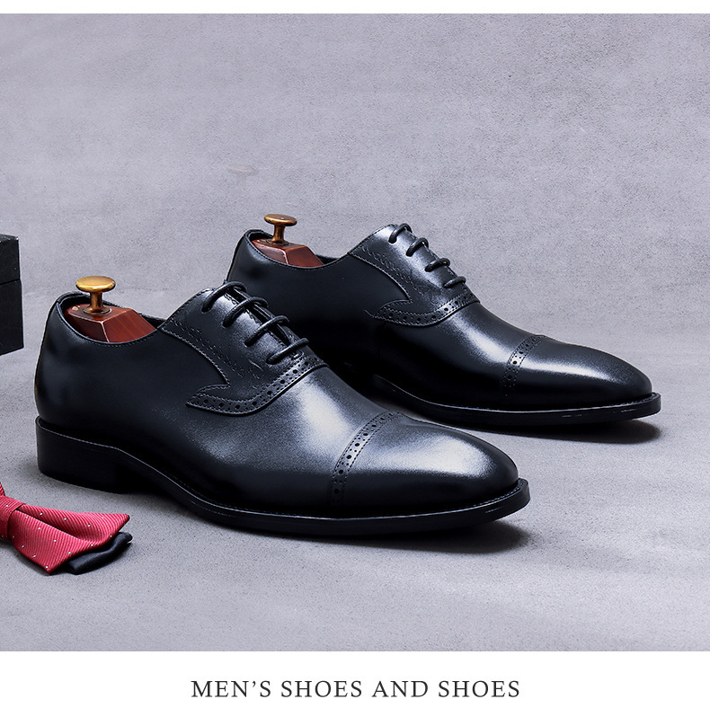 Giày Oxford nam da bò thật buộc dây mũi nhọn chạm khắc — Màu đen, Màu cà phê