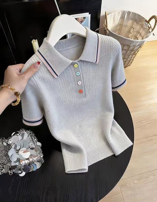 巨好看绝美小个子漂亮polo领撞色针织短袖女彩色扣子显瘦气质上衣