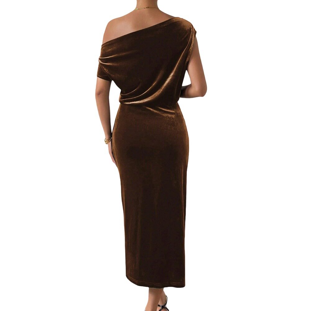 Velvet One Shoulder Dress Slim Fit Side Slit Elegant Design Spring Summer Party Gown Wholesale Available